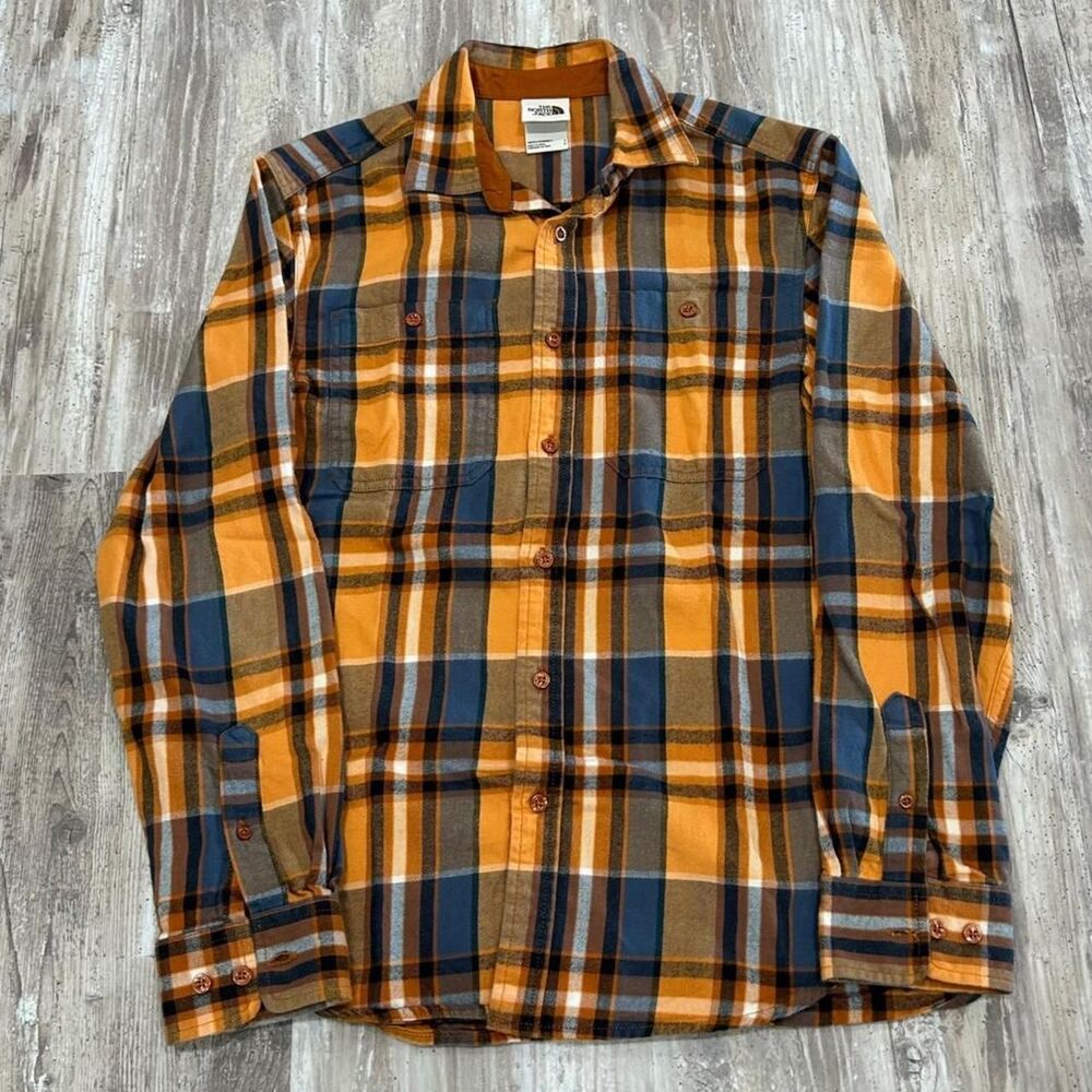 The North Face Men's gorpcore 90s grunge workwear orange + blue plaid flannel sh